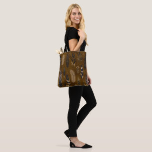 Tela Bolso Tote Marrón con Estampado de Pluma