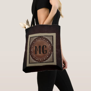 Tela Bolso tote moderno de cuero marrón con monograma