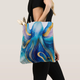 Tela Bolso Totebag de Pulpo Dorado Turquesa Azul