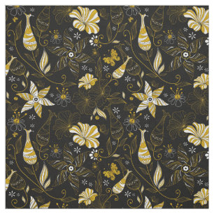Tela Borde floral dorado de color blanco