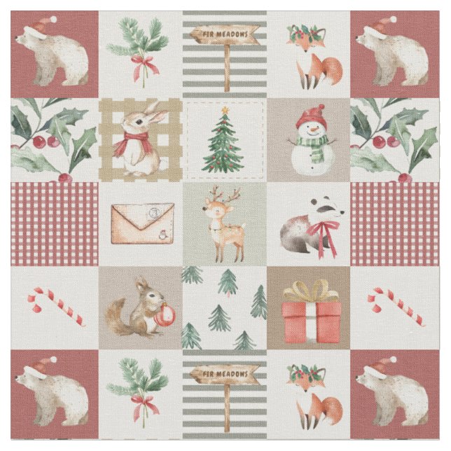 Tela Bosque de Navidad Animales del bosque edredón neut (De cerca)