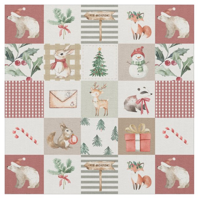Tela Bosque de Navidad Animales del bosque quilt neutra (De cerca)