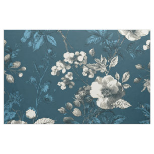 Tela Botánico Elegante Floral Vintage Azul Marino Rústi