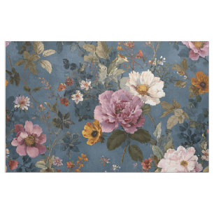 Tela Botánico Elegante Floral Vintage Azul Marino Rústi