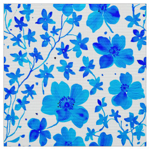 Tela Botánico floral en azul profundo y blanco 
