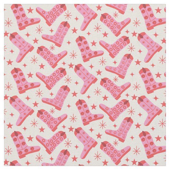 Tela Botas vaqueras rosadas retro con estrellas rojas g (De cerca)
