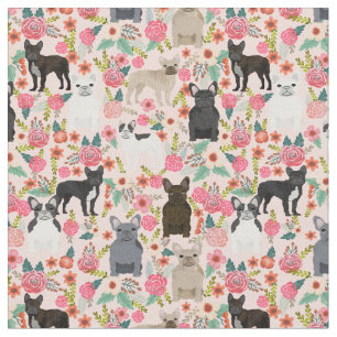 Tela Bulldoges franceses de color rosa vintage floral