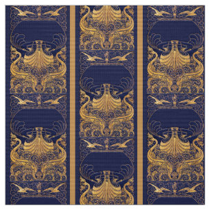 Tela Buque antiguo, delfines, oro, azul marino