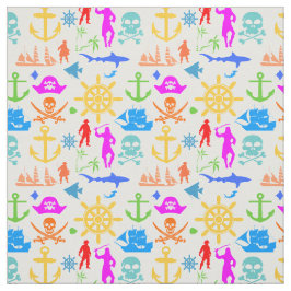 Tela Buques, peces, piratas. Patrón náutico colorido