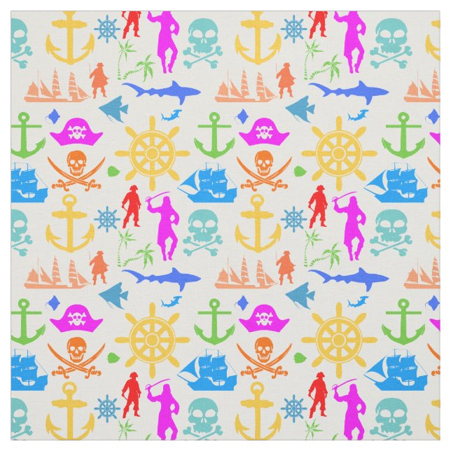 Tela Buques, peces, piratas. Patrón náutico colorido (Retal)