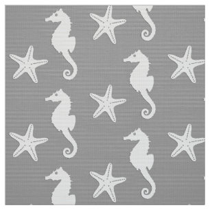 Tela caballito de mar y pez estrella - blanco sobre gri