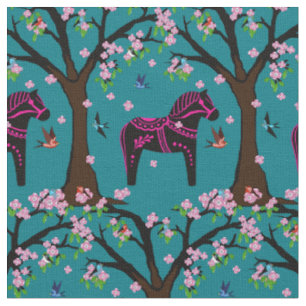 Tela Caballo de dala folclórica/aves folclóricas/flores