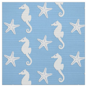 Tela Caballo de mar y pez estrella - blanco sobre azul 