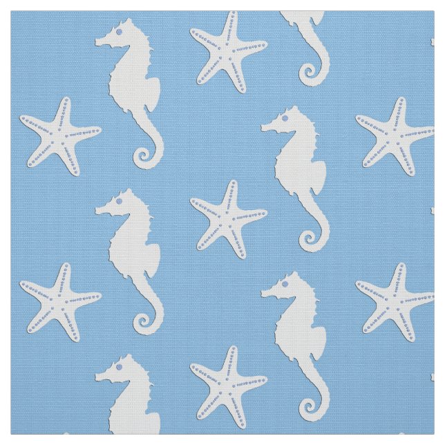 Tela Caballo de mar y pez estrella - blanco sobre azul  (Retal)