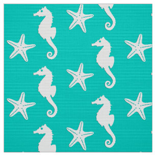 Tela Caballo de mar y pez estrella - blanco sobre turqu