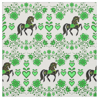 Tela Caballo folclórico frisón verde/negro, corazones, 
