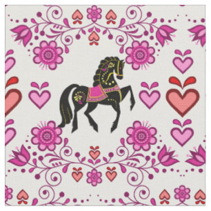 Tela Caballo frisón/frisón rosado/negro, corazones, 4"