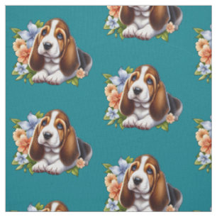 Tela Cachorro de Basset Hound Lindo Sentado con Flores