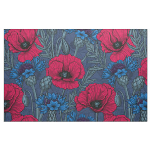 Tela Cachorros rojos y flores azules en azul