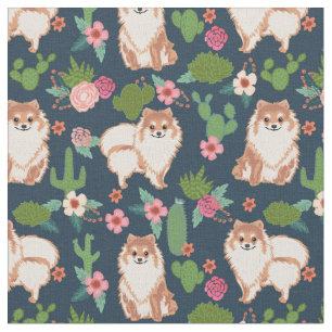 Tela cactus de perro pomerano azul marino floral
