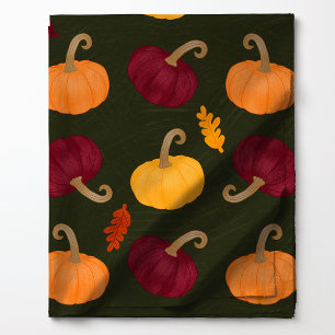 Tela Calabazas de otoño y hojas sobre patrón verde
