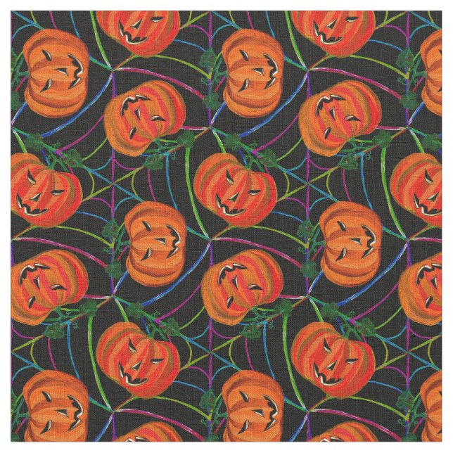 Tela Calabazas del patrón Jack o'lantern Cobwebs de Hal (De cerca)