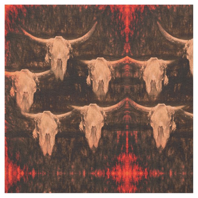 Tela Calavera de toro País Occidental Marrón Rojo Rústi (De cerca)