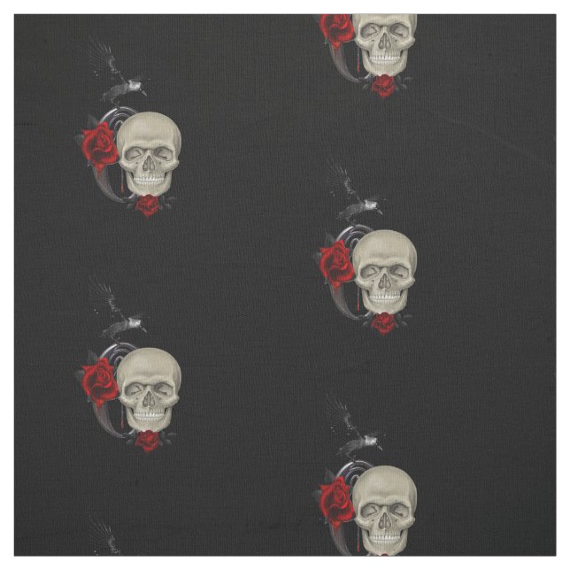 Tela Calavera gótica con Rosa y raven (Retal)