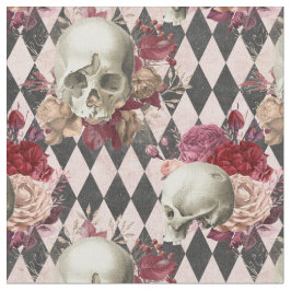 Tela Calaveras blancas florales y agujereado rosa claro