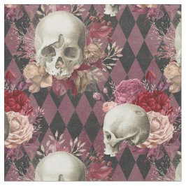 Tela Calaveras blancas florales y tintas rosas oscuras