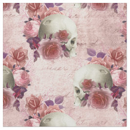 Tela Calaveras blancas, rosas rosadas y cursivas