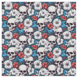Tela Calaveras con flores rojas y blancas