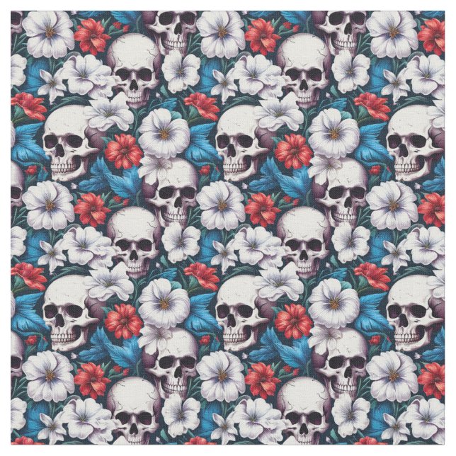 Tela Calaveras con flores rojas y blancas (De cerca)