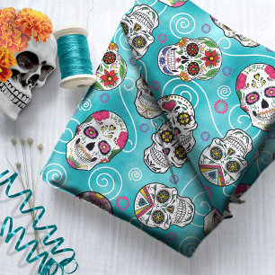 Tela Calaveras de azúcar y torbellino Turquesa ID725