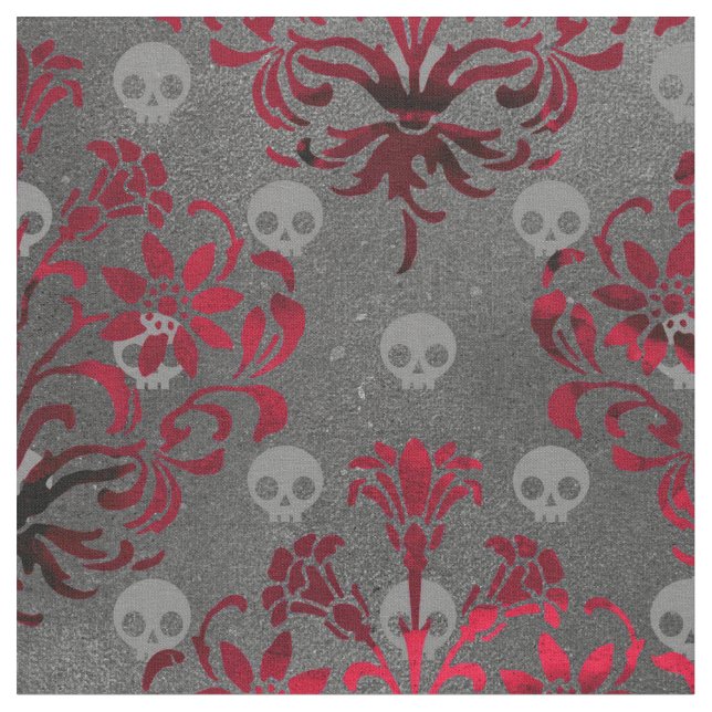 Tela Calaveras y Damasco rojo en gris (De cerca)