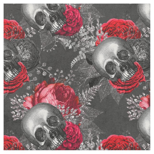 Tela Calaveras y flores rojas en gris (De cerca)