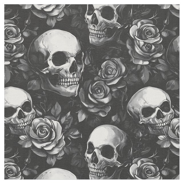 Tela Calaveras y Rosas Halloween Negro (De cerca)