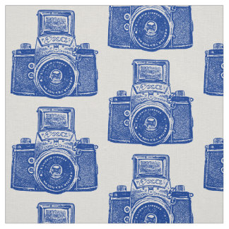 Tela Cámara réflex vintage - Azul oscuro sobre blanco