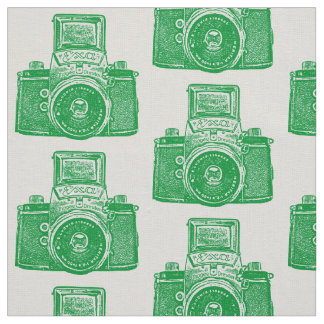 Tela Cámara SLR Vintage - Verde Hierba sobre Blanco