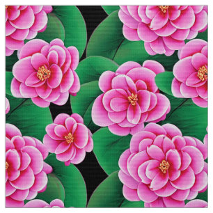 Tela Camellias rosas de Fuchsia y hojas verdes de jade