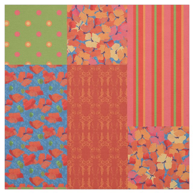 Tela Campos de amapola Patrones Faux Patchwork Fabric (Retal)