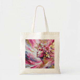 Tela Cara elegante de mujer con bolso de hojas rosadas