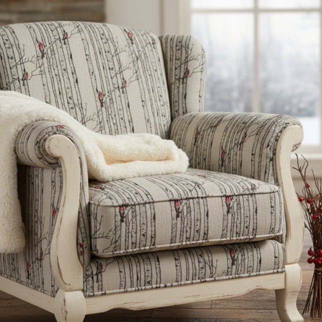 Tela Cardenales rojos dibujados a mano colocados en ram (Elegant Winter Forest Pattern Fabric in Natural Linen. Red Cardinal Birds in Birch Pine Trees.)