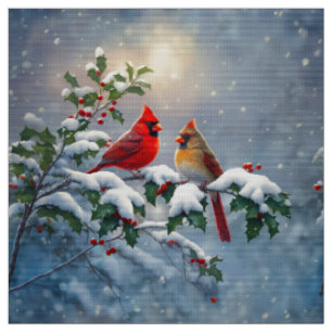 Tela Cardenales rojos y acebo en la nieve