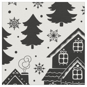 Tela Casas blancas negras de Navidades cortos pinos