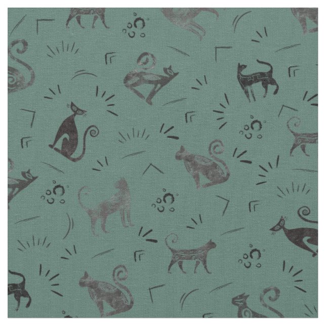 Tela Cave Art Cats on Dark Gray Turquoise (De cerca)