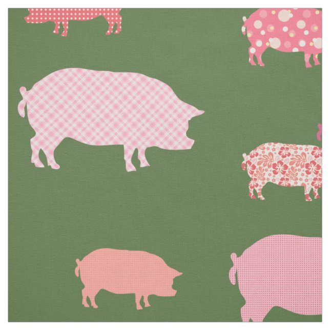 Tela Cerdos Rosados Sobre El Patrón De Fondo Verde (Retal)