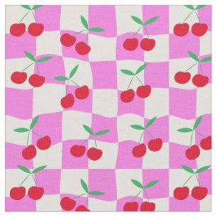 Tela Cerezas a cuadros en tableros de ajedrez rosados