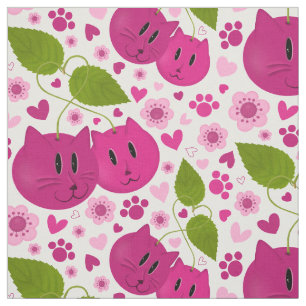 Tela Cerezas, gatos, corazones, flores de cerezo y pata