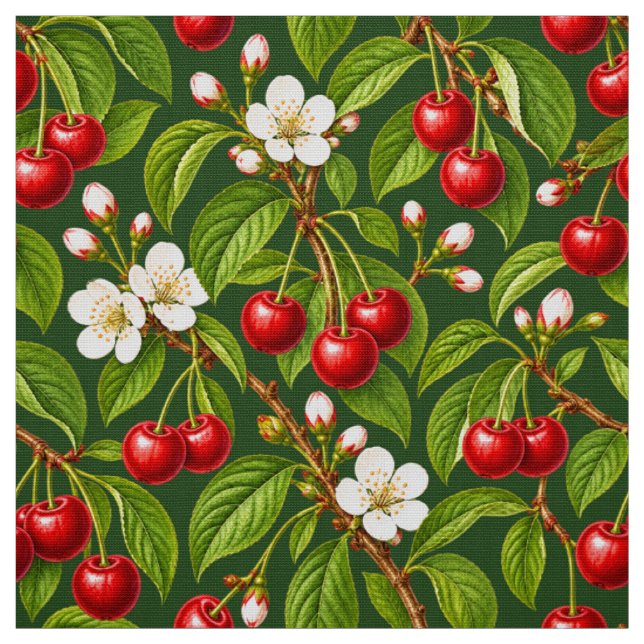 Tela Cerezas Rojas Botánicas y Flores Blancas (Retal)